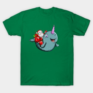 Santa Claus Riding Narwhal Merry Christmas Xmas T-Shirt